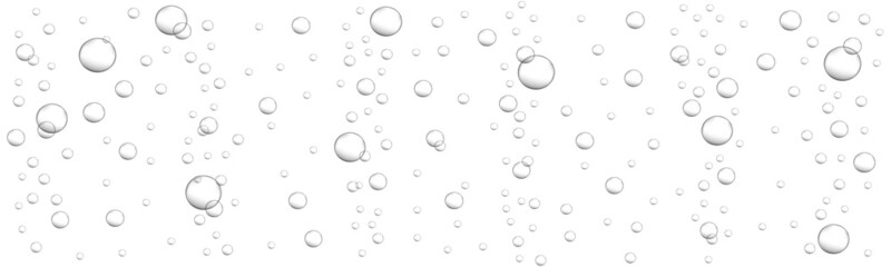 Oxygen bubbles stream. Fizzy carbonated drink, seltzer, beer, soda, cola, lemonade, champagne, sparkling wine texture. Carbon dioxide in water. Vector realistic illustration.