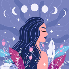 Spiritual magician girl, background with phases of the moon. Moon cycle and floral woman, dream, thought and meditation concept. vector illustration © Vika92