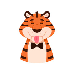 Teasing cheerful cartoon tiger shows tongue portrait isolated on white background. Happy playful smiling striped flat wildcat head. Adorable orange wild cat Animal mascot character vector illustration