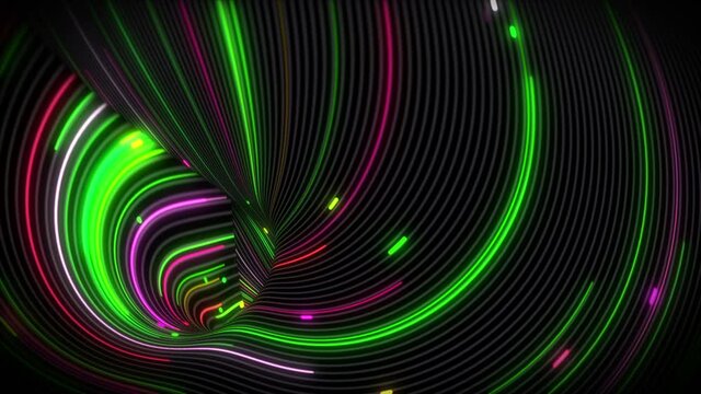 Spiral vortex streams of light on a surface with lines. Colorful and decorative backgrounds for presentations, holidays and footage. Light increasing wave movements
