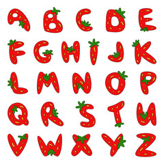 Strawberry font. Berry alfabet. Letters from red fruits. Soft funny cartoon hand drawn kids bright illustratio for lettering © Lopolitt