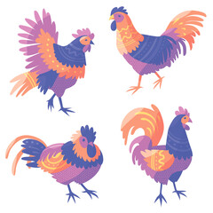Cartoon farm birds vector  illustration. Hens, roosters, chickens vector set. Flat design print.