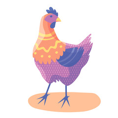 Cartoon farm bird vector illustration. Hen, rooster, chicken vector character design. Flat design print with bird.