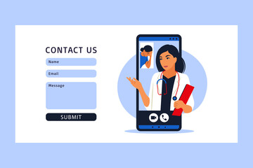 Online medical consultation, support. Online doctor. Healthcare services. Family female doctor with stethoscope on smartphone. Contact us. Vector illustration. Flat.