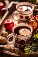 Two cups with Christmas hot punch cooked from red wine, rum and fresh fruit, flavored with cloves and cinnamon