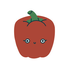 Cute kawaii red pepper. Kind childrens vegetable character with eyes and a smile. Vector isolated flat illustration on white background.