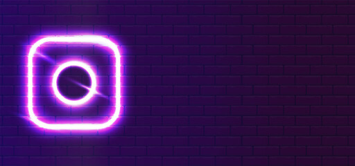 LED red-violet super glowing neon camera, round and square icon type. Realistic neon round inside square. Circular shape on the wall. Wall Background.