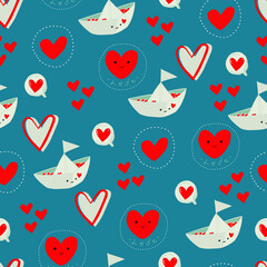 vector seamless pattern cute boat with hearts, hearts and speech bubbles. Background for stationery, fabrics, websites, packaging and invitation cards for Valentine's Day