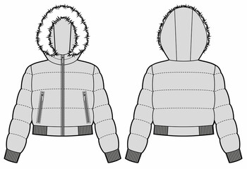 Womans crop down jacket with fur on the hood. © Olesya