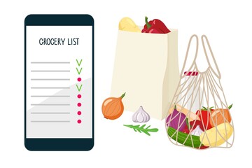 Smartphone grocery list. Abstract smartphone interface. Checklist on screen with Bag and grid with food. Vector flat illustration isolated on white background. Business and technology concept