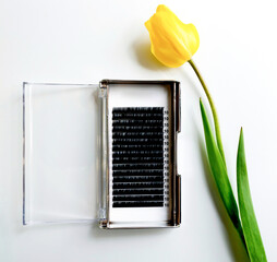 Eyelash extensions in a palette next to a yellow tulip on a white background. Artificial false eyelashes next to yellow flower