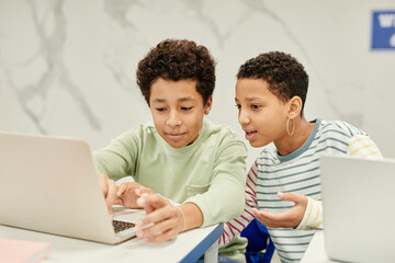 Portrait of two teenage kids talking while studying together in coding class for children, copy...