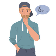 Shh man flat vector illustration. Cartoon serious man holding hand near mouth silence gesture. Business secret and please keep quiet concept

