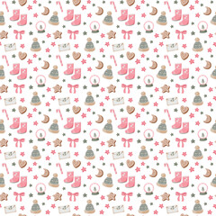 Cute pink christmas seamless pattern. Ugg boots, snow globe, gingerbread cookies, gifts and New Year's decor. Winter cozy print for kids.