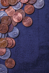 Pile of Golden coin, silver coin, copper coin, quarters, nickels, dimes, pennies, fifty cent piece and dollar coins. Various USA coins, American coins for business, money, financial coins and economy