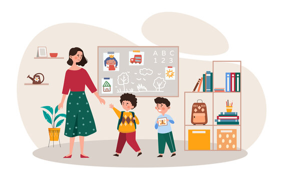Tutor cares concept. Girl leads two guys by hand. Preschool education, training. Developing skills for kids, cute pictures. Good relationship, wellbeing metaphor. Cartoon flat vector illustration