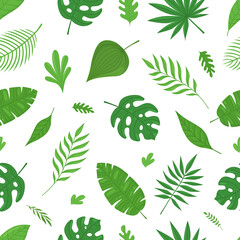 Vector tropical seamless pattern with green palm leaves in cartoon style. Summer repeated background with exotic plants. 