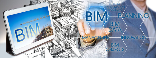 Planning a new city with BIM, Building Information Modeling system, a new way of architecture designing - concept with an engineer or architect drawing a sketch of a new modern imaginary town and digi
