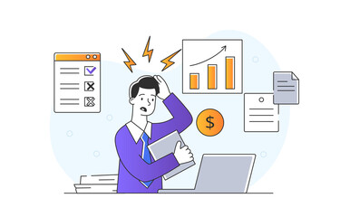 Stressed young man. Metaphor of employee who doesnt make it to deadline. Worker very busy with work. Poorly structured schedule. Investor, businessman, entrepreneur. Cartoon flat vector illustration