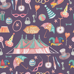 
Circus marquee arena watercolor illustration hand drawn patern seamless pattern hand rings ball flags arena clown hat and boot set of separate elements sticker