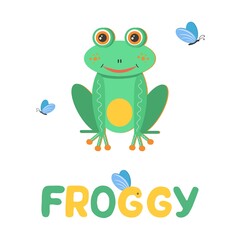 Frog. Lettering word Froggy. Bright vector card for kids. Vector illustration. Hand-drawn design vector illustration for posters, wall art, tote bag, mobile case, t-shirt print