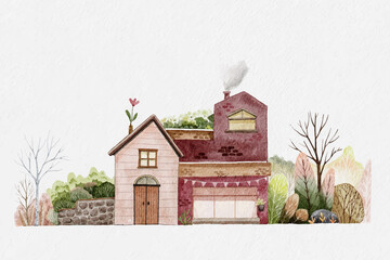 House with garden, Watercolor of wooden mixed with brick house and blooming plant, tree in the garden, Vector illustration Drawing beautiful nature in village for poster, greeting card or background