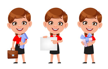 Cartoon business woman, set of three poses