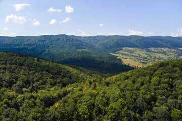 Fototapeta na wymiar Aerial view of mountain hills covered with dense green lush woods on bright summer day