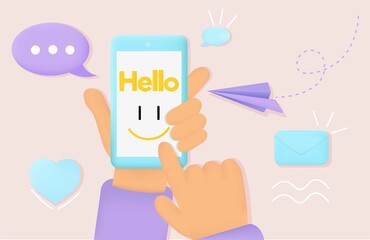 Social media concept. Man opens application on his smartphone. Character in correspondence with friends, communication on Internet, modern technologies, gadget. Cartoon flat vector illustration