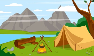 Tourist camp on nature. Tent and bonfire on river bank, place for halt. Outdoor recreation, outdoor. Tourist routes and travel, adventure and vacation, rest. Cartoon flat vector illustration