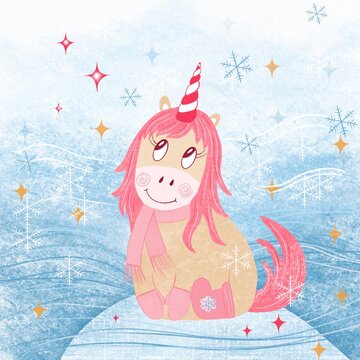 A cute pink unicorn sits on the snow and dreams of miracles 