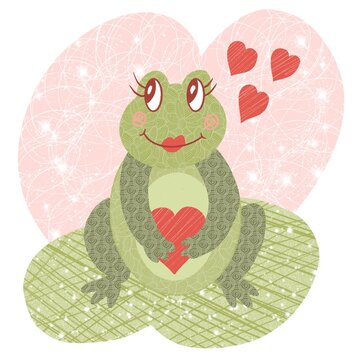 a cute frog in love with a heart in hand, hand painted