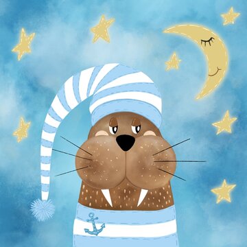 a cute walrus with a blue sleeping cap with a sleeping half moon