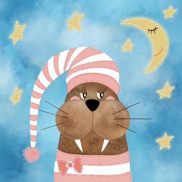 a cute walrus with a pink sleeping cap with a sleeping half moon