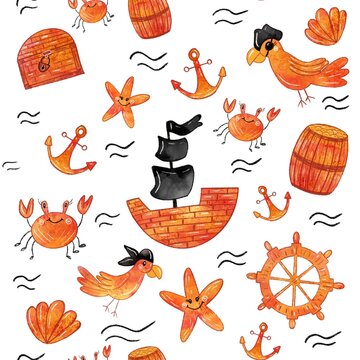 Pattern pirates with treasure chest, parrot, crab, anchor, crooked, waves and starfish