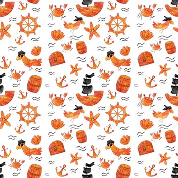 Seamless pattern pirates with treasure chest, parrot, crab, anchor, crooked, waves and starfish