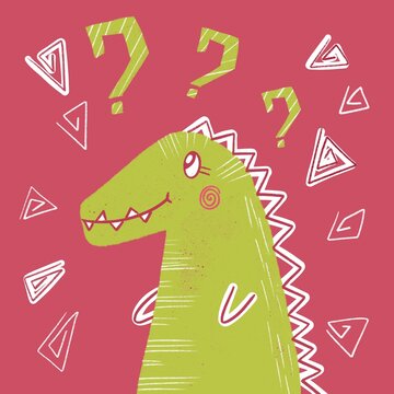 A green dinosaur with a question mark on the pink background