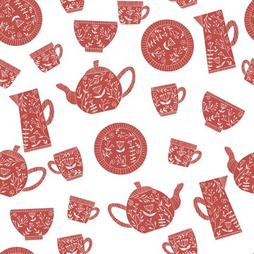 seamless pattern from dishes with decor from plants 