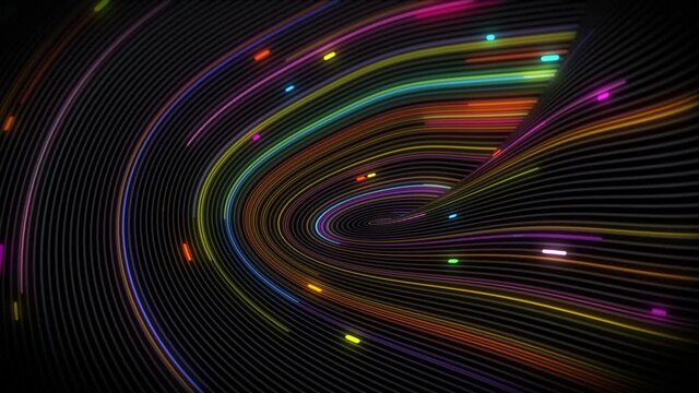 Spiral vortex streams of light on a surface with lines. Colorful and decorative backgrounds for presentations, holidays and footage. Light increasing wave movements
