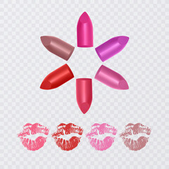 Set of color lipsticks. Red lipstick, pink lipstick, orange lipstick. Red lipstick set isolated on white background, vector format