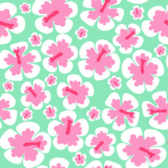 Cute vector seamless pattern with hibiscus flowers. Repeating background for boys and girls. Blank for printing on fabrics and paper in a tropical style