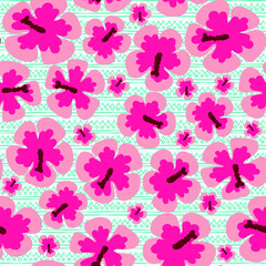 Cute vector seamless pattern with hibiscus flowers. Repeating background for boys and girls. Blank for printing on fabrics and paper in a tropical style