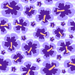 Cute vector seamless pattern with hibiscus flowers. Repeating background for boys and girls. Blank for printing on fabrics and paper in a tropical style
