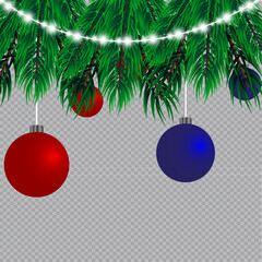 Christmas lights isolated on transparent background. Christmas glowing garlands on a green tree ..