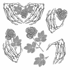 Skeleton hand and roses in vintage style