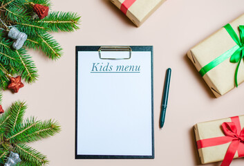 Template for writing, blank sheet on a blackboard with a title kids menu. In the New Year's frame.