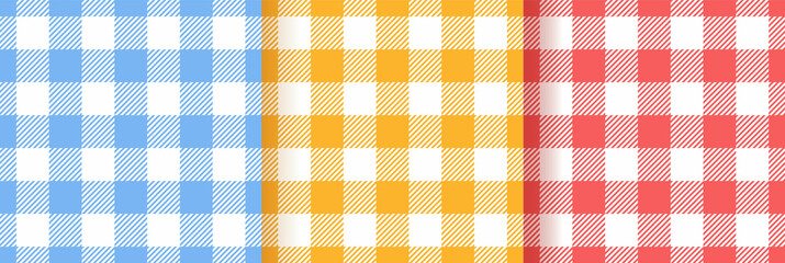 Gingham vichy seamless patterns. Checkered textures. Set of plaid backgrounds. Blue, red, yellow prints. Vector illustration. Retro flannel wallpaper. Cloth textile grid. Simple tablecloth backdrop