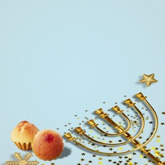 Religion image of jewish holiday Hanukkah background with menorah and food