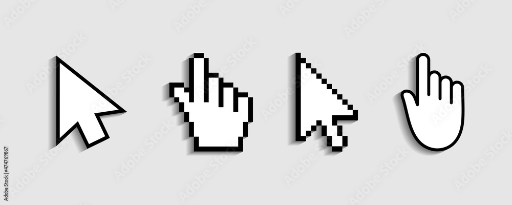 Poster cursor of mouse pointer for click. hand icon from pixels. arrow, finger for web, computer and intern