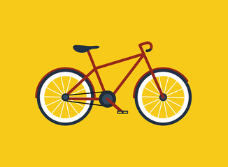 Bicycle. Cartoon bike. Cartoon bicycle for mountain race. Clipart of sport bike with wheel, pedal, seat and handle. Vector illustration for mountain road. Icon for training, competition, healthy